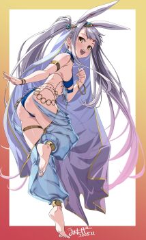 Rule 34 | 1girl, absurdres, animal ears, armlet, ass, azur lane, barefoot, bikini, blue bikini, bracelet, breasts, brown eyes, feet, from behind, harem outfit, harem pants, highres, jewelry, leaning forward, leg up, long hair, looking back, open mouth, pants, rabbit ears, rabbit girl, shimakaze (azur lane), smile, soles, solo, standing, standing on one leg, swimsuit, thighlet, thighs, tiptoes, toes, umyonge (lkakeu), veil, very long hair, white hair