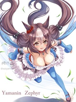 1girl animal_ears bent_over blue_pantyhose blush breasts brown_eyes brown_hair cleavage detached_sleeves dress ear_ornament frilled_dress frills hair_ornament highres horse_ears horse_girl horse_tail long_hair looking_at_viewer low_twintails medium_breasts multicolored_dress multicolored_hair pantyhose smile solo streaked_hair tail tsukiyuki_mike twintails umamusume yamanin_zephyr_(fluttertail_spirit)_(umamusume) yamanin_zephyr_(umamusume)