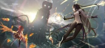 2girls anastasia_(pixiv_fantasia) asymmetrical_gloves asymmetrical_legwear black_hair breasts center_opening chinese_commentary chromatic_aberration cleavage commentary_request detached_sleeves elbow_gloves gloves highres long_hair medium_breasts mismatched_gloves mismatched_legwear multiple_girls pantyhose photoshop_(medium) pixiv_fantasia pixiv_fantasia_revenge_of_the_darkness red_eyes red_hair revision ruins short_shorts shorts single_elbow_glove wangchuan_de_quanyan