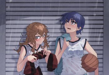 2girls averting_eyes ball basketball_(object) basketball_jersey black_hair blue_jacket blush breasts brown_eyes brown_hair covering_breasts covering_privates hair_between_eyes highres holding holding_ball jacket jacket_on_shoulders kanbaru_suruga long_hair looking_up monogatari_(series) multiple_girls nervous no_bra numachi_rouka open_mouth rain red_jacket see-through_clothes see-through_shirt shirt short_hair small_breasts sports_bra sportswear thomas_(aoakumasan) wet wet_clothes wet_shirt wringing_clothes