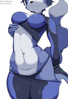 1girl absurdres animal_nose black_panties blue_fur blue_hair body_fur breasts cleavage closed_mouth clothes_lift clothes_pull female_focus fox_girl fox_tail furry furry_female gatotorii highres krystal large_breasts lifting_own_clothes long_sleeves navel nintendo panties pants pants_pull pulling_own_clothes shirt_lift simple_background smile snout solo split_mouth standing star_fox star_fox_assault stomach tail teasing two-tone_fur underwear undressing white_background white_fur