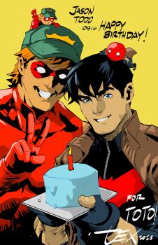 arsenal_(dc) baseball_cap bat_signal batman_(series) batman_symbol belt black_bodysuit black_gloves black_hair bodysuit brown_jacket commentary dc_comics dexter_soy domino_mask english_commentary eye_mask gloves grey_bodysuit hat helmet jacket jason_todd male_focus mask multicolored_bodysuit multiple_boys muscular muscular_male open_clothes orange_hair red_bodysuit red_hood_(dc) red_hood_and_the_outlaws red_mask roy_harper short_hair simple_background standing superhero_costume taut_bodysuit two-tone_bodysuit upper_body western_comics_(style) white_eyes