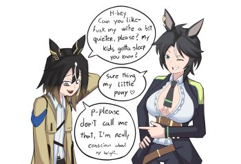 2girls animal_ears arm_at_side arm_up black_hair black_jacket black_pants breasts brown_eyes brown_hair center_frills center_opening coat collared_shirt commentary ear_ornament english_commentary english_text frilled_shirt frills fuji_kiseki_(shooting_star_revue)_(umamusume) fuji_kiseki_(umamusume) grey_hair grin hand_on_own_hip height_difference heladomagnum highres horse_ears jacket large_breasts long_hair long_sleeves looking_at_another looking_down multicolored_hair multiple_girls necktie one_eye_closed open_clothes open_coat open_jacket pants pointing pointing_at_another raised_inner_eyebrows shirt short_hair simple_background smile stay_gold_(umamusume) stutter two-tone_hair umamusume white_hair white_shirt wing_collar