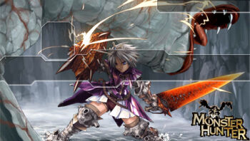 Rule 34 | 1girl, battle, capcom, handheld game console, khezu, khezu (armor), lowres, monster, monster hunter (series), monster hunter freedom, monster hunter frontier, playstation portable, psp background, psp wallpaper, shield, sword, weapon, white hair