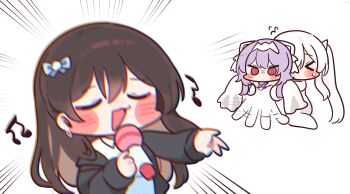 Rule 34 | > <, 3girls, :3, absurdres, angry, bad singing, blue bow, blurry, blurry foreground, blush, bow, brown hair, chibi, cinderella (nikke), closed eyes, collared shirt, commentary request, diesel (nikke), diesel (winter sweets) (nikke), emphasis lines, flailing, flying sweatdrops, goddess of victory: nikke, hair bow, hands up, highres, holding, holding back, holding microphone, jacket, jitome, korean commentary, liberalio (nikke), long hair, long sleeves, microphone, mixed-language commentary, mming (mmingis18), multiple girls, music, musical note, official alternate costume, open clothes, open jacket, open mouth, outstretched arm, purple hair, red eyes, shirt, simple background, singing, sweatdrop, twintails, very long hair, white background, white hair, wide sleeves