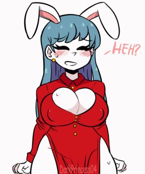 1girl 2018 animated animated_gif arms_at_sides bare_legs blue_hair blush bouncing_breasts breasts cleavage clenched_hands closed_mouth collarbone collared_dress colored_skin commentary confused covered_erect_nipples darkprincess04 dress earrings english_commentary female_focus groin jewelry large_breasts long_hair long_sleeves looping_animation open_mouth original rabbit_ears red_dress simple_background solo standing straight_hair sweat taut_clothes thighs white_background white_skin