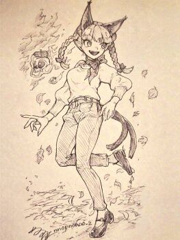 1girl :d absurdres alternate_costume animal_ears autumn beret braid breasts cat_ears cat_girl cat_tail commentary commentary_request extra_ears full_body greyscale hat highres hitodama kaenbyou_rin long_hair long_sleeves menotama monochrome multiple_tails neckerchief open_mouth pants pointy_ears shoes side_braids signature smile solo tail touhou traditional_media twin_braids two_tails