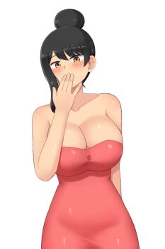 1girl arm_behind_back bare_arms bare_shoulders black_bun black_hair blush breasts cleavage closed_mouth collarbone commentary_request commission cowboy_shot dot_nose dress furrowed_brow hair_bun hand_to_own_mouth hand_up johnny_(seek_as_1990sp) large_breasts lone_nape_hair long_single_sidelock looking_at_viewer original pink_dress red_dress shiny_clothes short_hair_with_long_locks shoulder_blush simple_background single_sidelock skeb_commission smile solo strapless strapless_dress swept_bangs white_background yellow_eyes