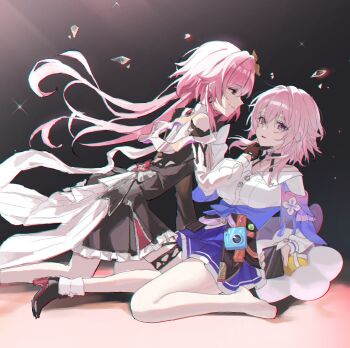 2girls black_dress black_overskirt black_shoes blue_skirt camera choker dress dual_persona evernight_(honkai:_star_rail) flower frills gem gloves grin hair_flower hair_ornament highres holding holding_phone honkai:_star_rail honkai_(series) k2_(kazu1030) long_hair march_7th_(honkai:_star_rail) march_7th_(preservation)_(honkai:_star_rail) medium_hair multicolored_eyes multiple_girls phone pink_hair red_eyes red_gemstone shards shirt shoes skirt smile sparkle thigh_strap two-tone_eyes very_long_hair white_shirt