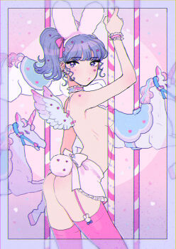 1girl angel_wings animal_ears apron arched_back arm_up ass breasts carousel choker fake_animal_ears fake_wings frilled_choker frills from_behind heart looking_back looking_to_the_side miyako_(xxxbibit) mole mole_under_eye naked_apron nude original pink_thighhighs pole ponytail purple_eyes purple_hair rabbit_ears rabbit_tail ringlets sleeve_cuffs solo tail tape thighhighs unicorn waist_apron wings