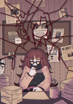 Rule 34 | 1girl, alt text, belt, black-framed eyewear, broken heart, brown eyes, brown hair, brown theme, bulletin board, coffee mug, commentary, cup, emma rockford, english commentary, evangeline morgan, glasses, heart, highres, indoors, long hair, long sleeves, mokiki (mokadevs), mug, newspaper, of the devil, paper stack, pushpin, solo, steam, very long hair