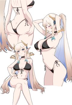 1girl absurdres arms_behind_head ass bikini black_bikini black_choker blonde_hair blue_eyes blue_hair blue_ribbon breasts choker closed_eyes colored_inner_hair colored_tips crescent crescent_earrings earrings hair_ornament hair_ribbon hand_on_own_hip highres hikanari_hina hikkio jewelry long_hair multicolored_hair navel phase_connect pointy_ears ribbon second-party_source shoulder_blades side-tie_bikini_bottom sitting swimsuit virtual_youtuber wing_hair_ornament
