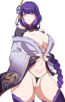1girl absurdres asymmetrical_sleeves blue_pupils blunt_bangs braid breasts bridal_gauntlets cleavage closed_mouth clothing_cutout commentary covered_erect_nipples covering_crotch covering_privates english_commentary flower_ornament genshin_impact gradient_hair hair_ornament head_tilt highres japanese_clothes kimono long_braid long_hair looking_at_viewer meowdeer mitsudomoe_(shape) mole mole_under_eye multicolored_eyes multicolored_hair navel neck_ribbon nipple_slip nipples off_shoulder purple_eyes purple_hair purple_kimono purple_thighhighs pussy pussy_peek raiden_shogun red_ribbon ribbon shade shoulder_cutout simple_background single_braid solo standing stomach thick_thighs thighhighs thighs tomoe_(symbol) undressing uneven_sleeves upper_body white_background wide_sleeves