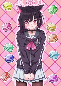 1girl absurdres amanotti_01 animal_ears black_choker black_hair black_hoodie blue_archive blush cat_choker cat_ears cat_girl choker colored_inner_animal_ears colored_inner_hair extra_ears food halo highres hood hoodie kazusa_(blue_archive) looking_at_viewer macaron multicolored_hair neckerchief pantyhose pink_eyes pink_hair pink_halo pink_neckerchief pleated_skirt school_uniform skirt smile solo two-tone_hair