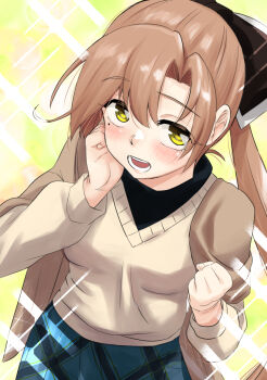 1girl akigumo_(kancolle) akigumo_kai_ni_(kancolle) bow bowtie brown_hair green_eyes hair_bow hair_ribbon highres kantai_collection long_hair looking_at_viewer mole mole_under_eye nekotarou_(nktr299) open_mouth ponytail ribbon solo teeth