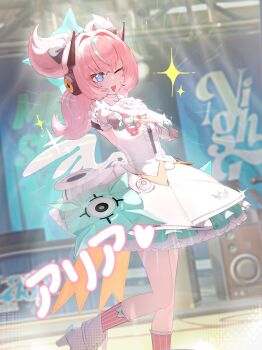 1girl :d aqua_streaks aria_(zenless_zone_zero) blue_eyes bow_(weapon) center_frills commentary crossed_bangs dress frills hair_between_eyes hair_intakes highres holding holding_bow_(weapon) holding_weapon mechanical_ears multicolored_hair one_eye_closed open_mouth pink_hair pink_socks pointing pointing_at_viewer ririn9730 smile socks solo streaked_hair untranslatable_commentary weapon white_dress white_wings wings zenless_zone_zero
