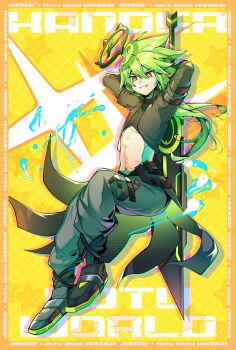 Rule 34 | 1boy, abs, aotu world, arm strap, arms behind head, arms up, belt, black belt, black cape, black jacket, black shirt, black shoes, boots, cape, chengxia feitianle, chinese commentary, copyright name, crop top, cropped jacket, english text, full body, greatsword, green hair, grey pants, grin, hair between eyes, halo, highres, holding, holding sword, holding weapon, jacket, long hair, long sleeves, looking at viewer, low ponytail, male focus, mechanical halo, midriff, multicolored eyes, navel, pants, pointy ears, ponytail, red eyes, shirt, shoes, smile, solo, sparkle, star (symbol), sword, toned, toned male, waist cape, water, weapon, xander (aotu world), yellow background, yellow eyes