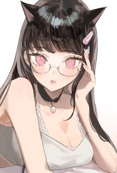 1girl @_@ animal_ears black_hair bra breast_rest breasts cat_ears cat_girl choker cleavage commentary elbow_rest fingernails glasses hair_ornament hairclip hand_on_own_cheek hand_on_own_face highres lace lace-trimmed_bra lace_trim large_breasts long_fingernails long_hair looking_at_viewer mole mole_on_breast mole_on_cheek mole_under_mouth nail_art nail_polish original parted_lips pink_eyes seto_jiro solo sweat symbol-only_commentary underwear