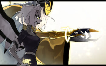 1boy 1girl adam_(hazbin_hotel) angel angel_wings belt black_halo breasts clenched_teeth crying dress elbow_gloves gloves grin halo hazbin_hotel hellaverse highres lute_(hazbin_hotel) outstretched_arm profile sharp_teeth short_hair sigma117 simple_background smile tears teeth white_background white_belt white_hair wings yellow_eyes