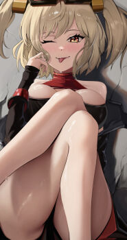 Rule 34 | 1girl, bare shoulders, blonde hair, breasts, burnice white, commentary, crossed legs, eyewear on head, highres, looking at viewer, one eye closed, orange eyes, pitespear, short hair, sitting, solo, tongue, tongue out, zenless zone zero