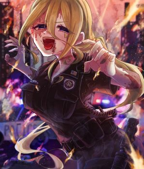 Rule 34 | 1girl, :d, alternate costume, american flag, artist name, bare arms, belt pouch, black eyes, blonde hair, blurry, blurry background, breast pocket, car, commentary request, hair between eyes, hands up, highres, injury, kimi no koto ga dai dai dai dai daisuki na 100-nin no kanojo, long hair, long hair between eyes, looking at viewer, low ponytail, motor vehicle, oknomyk, open mouth, pocket, police, police badge, police car, police uniform, ponytail, pouch, short sleeves, smile, solo, teeth, tongue, tongue out, twitter username, upper teeth only, v-shaped eyebrows, very long hair, walkie-talkie, yamato nadeshiko (hyakkano), zombie