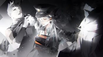 arknights black_hat clenched_teeth collared_shirt dragon_girl dragon_horns hat highres horns llmia4 police_hat saria_(arknights) saria_(the_law)_(arknights) shirt sleeves_rolled_up solo_focus teeth upper_body