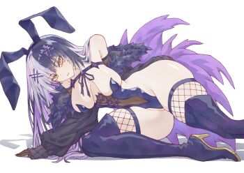 1girl alternate_costume animal_ears arm_behind_back bare_shoulders black_hair boijfal breasts coat detached_sleeves fake_animal_ears feet_out_of_frame fishnets hair_ornament hanging_breasts high_heels hololive hololive_english jacket large_breasts latex lon long_hair looking_at_viewer multicolored_hair on_floor on_one_knee playboy_bunny see-through_clothes serious shiori_novella thighhighs two-tone_hair virtual_youtuber white_background white_hair yellow_eyes