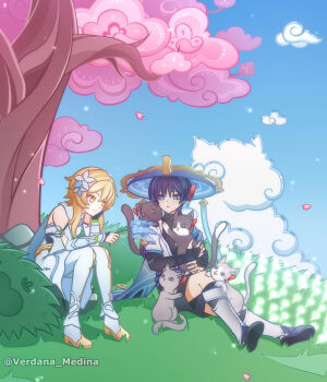 ! 1boy 1girl animal animal_on_shoulder arm_cutout arm_on_thigh armor belt black_belt black_bodysuit black_bridal_gauntlets black_cat black_corset black_leggings black_sandals black_shorts black_sleeves blonde_hair blue_flower blue_hat blue_sky blue_sleeves blunt_ends bodysuit bridal_gauntlets bright_pupils cat cat_on_shoulder cherry_blossoms choppy_bangs clothing_cutout cloud cloudy_sky corset dandelion detached_sleeves dress eyelashes eyeliner eyeshadow falling_petals flower genshin_impact gold gold_ring gold_shoes grass grey_cat hair_flower hair_ornament hand_on_own_face hat head_rest highres holding holding_animal holding_cat holding_plant japanese_armor jingasa kote kurokote layered_sleeves leg_warmers leggings looking_at_another lumine_(genshin_impact) makeup mandarin_collar middle_ring multicolored_flower open_mouth outdoors petals pink_petals plant purple_eyes purple_rope purple_sash red_eyeliner red_eyeshadow rope sandals sash scaramouche_(genshin_impact) scarf shoes short_hair short_hair_with_long_locks short_sleeves shorts shoulder_peek sidelocks sitting sky smile thighhighs tree twitter_username vambraces verdana_medina wanderer_(genshin_impact) white_cat white_dress white_flower white_leg_warmers white_pupils white_scarf white_sleeves white_thighhighs yellow_eyes zouri