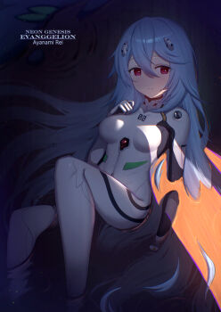 1girl alternate_breast_size_(larger) alternate_hairstyle ayanami_rei blue_hair bodysuit breasts closed_mouth commentary hair_between_eyes highres long_hair mecha_pilot_suit medium_breasts neon_genesis_evangelion plugsuit plugsuit_(evangelion) red_eyes solo symbol-only_commentary uneg very_long_hair white_bodysuit