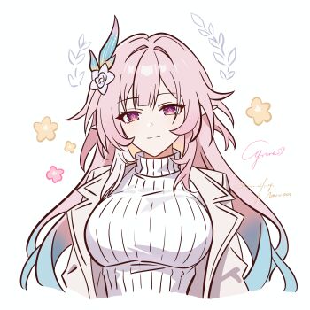 1girl absurdres airbus_a350xwb alternate_costume aqua_hair breasts character_name commentary_request cropped_torso cyrene_(honkai:_star_rail) cyrene_(ripples_of_past_reverie)_(honkai:_star_rail) diamond-shaped_pupils diamond_(shape) flower hair_flower hair_ornament halo highres honkai:_star_rail honkai_(series) large_breasts long_hair looking_at_viewer multicolored_hair pink_hair purple_eyes simple_background solo symbol-shaped_pupils very_long_hair white_background white_hair