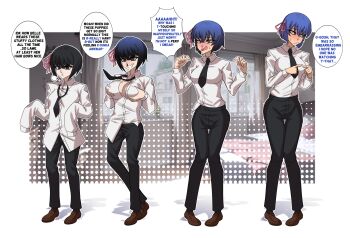 1girl age_progression belle_carnelli black_eyes black_hair black_necktie black_pants blood blue_eyes blue_hair borrowed_character breast_expansion breasts brown_footwear character_transformation clare_(erasethismail) cleavage commentary covered_erect_nipples embarrassed english_commentary english_text erasethismail female_pervert hair_ribbon highres looking_down looking_to_the_side medium_breasts necktie nosebleed open_mouth original oversized_clothes pants parted_lips pervert pink_ribbon purification ribbon shadow shirt_tucked_in short_hair transformation