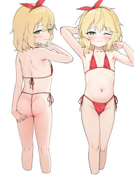 1girl aak absurdres armpits ass bikini blonde_hair blush cropped_legs flat_chest green_eyes highres idolmaster idolmaster_cinderella_girls loli looking_at_viewer looking_back micro_bikini multiple_views navel nipple_slip nipples one_eye_closed red_bikini sakurai_momoka side-tie_bikini_bottom simple_background smile string_bikini swimsuit white_background