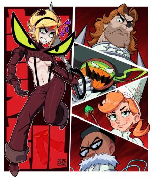 2girls 3boys artist_name beard_stubble blonde_hair breasts brown_gloves brown_hair brown_pants brown_shirt brown_shoes character_request clenched_teeth crop_top crossover dark-skinned_male dark_skin eyepatch facial_hair gloves highres holding holding_weapon hoss_delgado irwin_(grim_adventures) jack_o'lantern_(grim_adventures) kill_la_kill mandy_(grim_adventures) mindy_(grim_adventures) multiple_boys multiple_girls mustache nergal_junior orange_eyes pants percodine reverse_grip scissor_blade_(kill_la_kill) shirt shoes stubble suspenders teeth the_grim_adventures_of_billy_&amp;_mandy underboob weapon