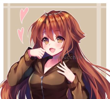 1girl :d artist_name blush border breasts brown_background brown_eyes brown_hair brown_jacket collarbone commentary commission english_commentary fang hair_between_eyes hair_flaps hand_on_own_cheek hand_on_own_chest hand_on_own_face hands_up heart highres hood hooded_jacket jacket long_hair long_sleeves looking_at_viewer open_mouth original outline outside_border puffy_long_sleeves puffy_sleeves sasucchi95 sidelocks simple_background skin_fang small_breasts smile solo sparkling_eyes tareme tongue upper_body white_border white_outline