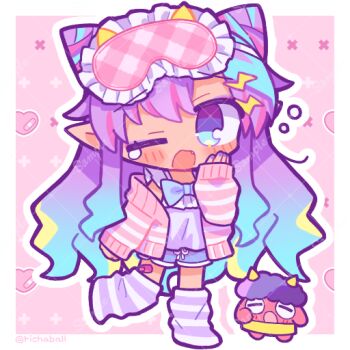 1girl bandaid bandaid_on_leg blonde_hair blue_bow blue_bowtie blue_eyes blue_shorts blush border bow bowtie cardigan chibi chibi_only commentary_request dark-skinned_female dark_skin full_body gradient_hair hand_up long_hair looking_at_viewer multicolored_hair no_shoes open_cardigan open_clothes open_mouth original outline outside_border pink_background pink_cardigan pointy_ears purple_hair purple_shirt purple_socks richard_(richaball) sample_watermark shirt shorts sleep_mask socks solo squeans standing standing_on_one_leg striped_cardigan striped_clothes striped_socks tears twitter_username very_long_hair watermark watermark_grid white_border white_outline yawning