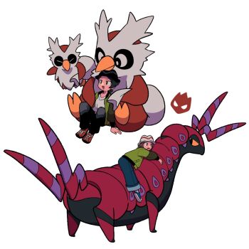 1boy 1girl :d alpha_pokemon black_eyes black_hair black_hat blue_shoes brown_hair commentary_request delibird gen_2_pokemon gen_5_pokemon green_jacket harmony_(pokemon) hat highres jacket long_sleeves nintendo open_clothes open_jacket open_mouth pants paxton_(pokemon) pokemon pokemon_(creature) pokemon_legends:_z-a red_shoes riding riding_pokemon scolipede shirt shoes short_hair simple_background sitting smile socks tyako_089 white_background white_shirt white_socks