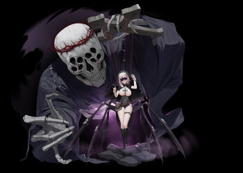 1girl absurdres arthropod_girl arthropod_limbs blindfold boots breasts cleavage commentary extra_arms full_body highres insect_girl jewelry k_hottok kneehighs large_breasts looking_at_viewer monster_girl nun original purple_eyes purple_hair short_hair skeleton skull socks solo spider_girl standing thigh_strap