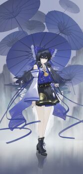 1girl absurdres adapted_costume alternate_color ascot black_boots black_hair black_skirt blue_bow blue_eyes blue_nails boots bow chinese_commentary commentary detached_sleeves frilled_bow frilled_hair_tubes frills hair_bow hair_tubes hakurei_reimu high_heel_boots high_heels highres holding holding_umbrella lace-up_boots long_hair looking_at_viewer oil-paper_umbrella print_skirt reflective_floor ribbon-trimmed_sleeves ribbon_trim skirt solo toast13 touhou umbrella very_long_hair yellow_ascot yin_yang yin_yang_print