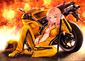 Rule 34 | 1girl, animification, beatrix kiddo, bilibala, blonde hair, blue eyes, breasts, bruce lee's jumpsuit, cameltoe, female focus, fire, helmet, highres, katana, kill bill, long hair, motor vehicle, motorcycle, motorcycle helmet, nipples, open clothes, small breasts, solo, sword, unzipped, weapon