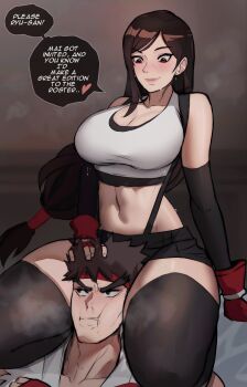 1boy 1girl absurdres blackmail bleeding blood breasts crossover final_fantasy final_fantasy_vii final_fantasy_vii_remake funi_xd heavy_breathing highres large_breasts long_hair muscular muscular_male navel petting red_eyes ryu_(street_fighter) seductive_smile simple_background smile speech_bubble street_fighter sweat sweatdrop tank_top teasing thick_eyebrows thick_thighs thighhighs thighs tifa_lockhart white_tank_top wide_hips