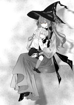 2girls absurdres aged_down artist_request bang_dream! bang_dream!_it&#039;s_mygo!!!!! chinese_commentary commentary_request commission greyscale hair_ribbon hat high_heels highres kneehighs long_hair long_sleeves misumi_uika monochrome multiple_girls ribbon second-party_source shoes shorts sidelocks sitting skirt sleeping socks spot_color time_paradox togawa_sakiko witch_hat yellow_eyes