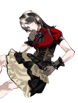 1girl bang_dream! bang_dream!_it&#039;s_mygo!!!!! black_corset black_gloves black_skirt blue_eyes blush brooch chinese_commentary closed_mouth commentary_request corset cosplay ear_blush earrings feiyu30903448 gloves highres jewelry medium_hair oblivionis_(bang_dream!) puffy_short_sleeves puffy_sleeves red_shirt shirt short_sleeves simple_background skirt solo togawa_sakiko togawa_sakiko_(cosplay) white_background yahata_umiri