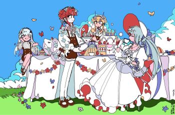 4girls baobhan_sith_(fate) barghest_(fate) blonde_hair braid bug butterfly cake closed_eyes cup dress fate/grand_order fate_(series) flower food gloves hair_between_eyes half_up_braid hat highres ima_mo_nao_kangaechuu insect long_hair melusine_(fate) morgan_le_fay_(fate) multiple_girls oberon_(fate) pink_hair ponytail sitting smile teacup very_long_hair white_dress white_gloves white_hair white_hat