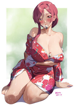 1girl 2026 absurdres akihiro0920 arm_support arm_under_breasts artist_name bare_shoulders barefoot between_breasts blush border breasts cleavage collarbone commentary_request dated feet female_focus floral_print floral_print_kimono green_background green_eyes hair_between_eyes hanazono_hahari highres japanese_clothes kimi_no_koto_ga_dai_dai_dai_dai_daisuki_na_100-nin_no_kanojo kimono large_breasts long_hair long_sleeves looking_at_viewer mature_female mouth_hold parted_bangs print_kimono red_eyes red_hair sidelocks signature simple_background sitting solo steam toes white_border