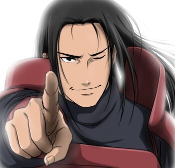 1boy akilaeeee armor backlighting black_eyes black_hair commentary_request japanese_armor long_hair male_focus naruto_(series) one_eye_closed pointing pointing_at_viewer portrait senju_hashirama solo