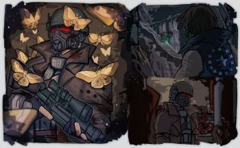 1boy 1other black_gloves blood blood_on_clothes border brown_coat brown_hair bug bulletproof_vest chibi chibi_inset coat courier_(fallout:_new_vegas) dreadlocks duster_coat ed-e eyebot fallout fallout:_new_vegas fingerless_gloves gas_mask gloves gun hashtag-only_commentary helmet highres holding holding_gun holding_weapon insect mask moth ncr_veteran_ranger non-humanoid_robot open_clothes open_coat radio_antenna rifle robot running scope skeleton skull sleeveless sniper_rifle star_(symbol) trigger_discipline ulysses_(fallout:_new_vegas) weapon white_border yqqqqa