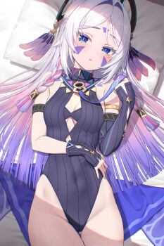 1girl armlet asymmetrical_gloves bare_shoulders black_gloves black_leotard blue_eyes blush braid breasts citlali_(genshin_impact) cleavage_cutout clothing_cutout commentary covered_navel facial_mark fingerless_gloves floating_headgear forehead_mark genshin_impact gloves gradient_hair hair_intakes headgear heattech_leotard highres jewelry kapa_draws leotard long_hair looking_at_viewer lying medium_breasts multicolored_hair on_back on_bed open_mouth parted_bangs pillow pink_hair pink_pupils purple_hair ribbed_leotard solo triangle triangle_facial_mark turtleneck uneven_gloves