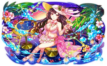 artist_request bare_shoulders bikini black_hair blue_outline blunt_bangs blush breasts candle cel_shading chair cleavage closed_mouth constellation crash_fever cross-laced_straps cup detached_collar drink fire flower flower_ornament full_body game_cg half-closed_eyes hat hat_ribbon hibiscus holding holding_cup holding_drink jang_yeongsil large_breasts leaf looking_at_viewer midriff neck_flower neck_ribbon official_art on_chair orange_flower outline pink_bikini pink_flower pink_ribbon pink_sarong red_eyes red_flower red_outline ribbon sandals sarong saturated see-through_clothes see-through_sarong sitting solo sparkle square square_print star_(symbol) star_ornament strap sunset swimsuit table tachi-e thighhighs transparent_background two-sided_ribbon water_drop wavy_hair white_flower wrist_straps yellow_flower