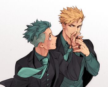 Rule 34 | 2boys, 5mll3, alternate costume, arm up, bakugou katsuki, black jacket, black vest, blonde hair, boku no hero academia, buttons, closed mouth, collared shirt, eye contact, facial scar, formal clothes, green eyes, green hair, green necktie, green shirt, holding hands, jacket, jewelry, kiss, kissing hand, layered sleeves, long sleeves, looking at another, looking to the side, male focus, midoriya izuku, multiple boys, necktie, open clothes, open collar, open jacket, red eyes, ring, scar, scar on cheek, scar on face, shirt, short hair, sideways glance, simple background, smile, suit jacket, undercut, upper body, vest, white background, yaoi