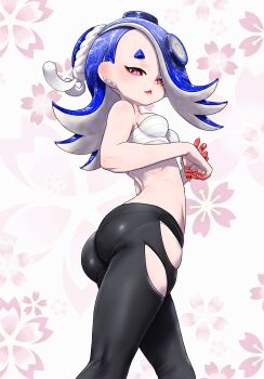 1girl ass blue_hair breasts chest_sarashi cowboy_shot ear_piercing floral_background from_behind from_below hachimaki headband highres koharu2.5 long_hair looking_at_viewer looking_back looking_down medium_breasts nintendo octoling pants parted_lips piercing pink_background red_eyes sarashi shiver_(deep_cut_outfit)_(splatoon) shiver_(splatoon) smile solo splatoon_(series) splatoon_3 tentacle_hair torn_clothes torn_pants twisted_torso